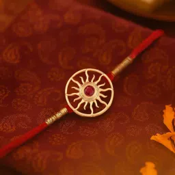 Ornate Jewels 925 Silver 18K Gold Plated Red Ruby Sun Thread Rakhi for Brother with Roli Chawal image 1