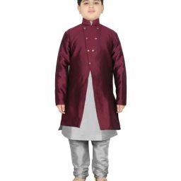SG Yuvraj Kids Wine & Grey Textured Pattern Full Sleeves Kurta Set-picture-3
