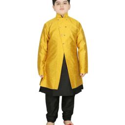 SG Yuvraj Kids Yellow & Black Textured Pattern Full Sleeves Kurta Set-picture-14