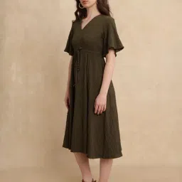 RAREISM Olive Polyester Solid Short Sleeves Dress image 4