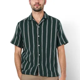 celio Celio* Green Cotton Regular Fit Striped Shirts image 1