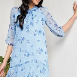 Global Desi Blue Floral Print A Line Dress-image-68