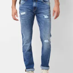 Spykar Blue Cotton Comfort Fit Distressed Jeans-image-7
