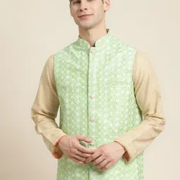 SOJANYA Light Green Comfort Fit Embroidered Nehru Jacket image 1