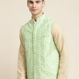 SOJANYA Light Green Comfort Fit Embroidered Nehru Jacket image 3