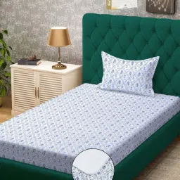 Klotthe White & Blue 300 TC Polycotton Single Elastic Book Fold Bedsheet with Pillow Cover image 1