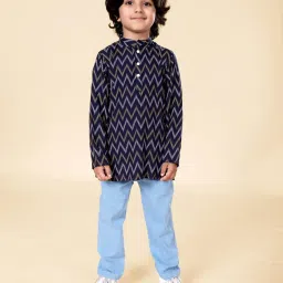 Kiddopanti Boys Navy Blue & Light Blue Printed Regular Fit Kurta Set image 1