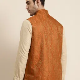 SOJANYA Orange Comfort Fit Jacquard Nehru Jacket image 2