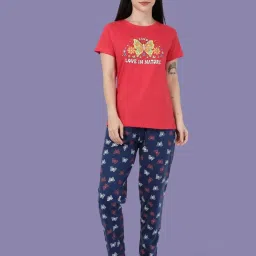 Kryptic Navy Blue & Fuchsia Pink Relaxed Fit Printed Night Suit image 1