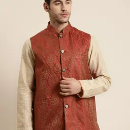 SOJANYA Maroon Comfort Fit Jacquard Nehru Jacket image 1