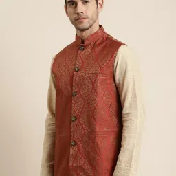 SOJANYA Maroon Comfort Fit Jacquard Nehru Jacket image 3