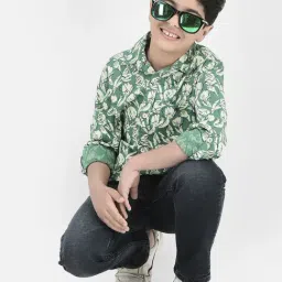 Crimsoune Club Kids Green Floral Print Full Sleeves Shirt image 5
