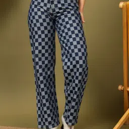 Kotty Blue Blended Straight Fit Checks Jeans-image-59