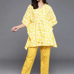 Libas Yellow Cotton Printed Kaftan & Pyjama Set-picture-22