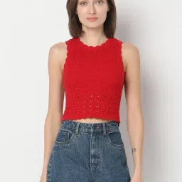 Vero Moda Red Cotton Self Design Sleeveless Tops-image-74