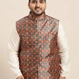 SOJANYA Green & Orange Comfort Fit Printed Nehru Jacket image 1