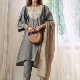 KALINI Women Floral Yoke Design Regular Sequinned Kurta with Dhoti Pants & Dupatta-image-12