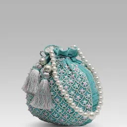 Anouk Women Embellished Velvet Potli Clutch With Tasselled image 5