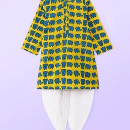 Babyhug 100% Cotton Woven Full Sleeves Kurta & Dhoti Set Elephant Print - Yellow-image-98