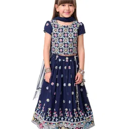 Babyhug Woven Half Sleeves Choli Lehenga & Dupatta Set With Sequin Embroidery & Tassel Detailing - Navy Blue-picture-35
