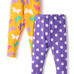 Babyhug Cotton Lycra Knit Full Length Leggings With Polka Dot & Butterfly Print Pack of 2 - Yellow & Purple-picture-17