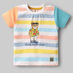 ToffyHouse Single Jersey Knit Half Sleeves T-Shirt With Stripes & Teddy Print - White & Light Blue-image-17