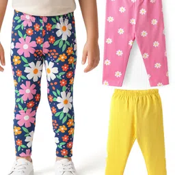 Babyhug Cotton Knit Full Length Leggings With Floral Print Pack Of 3 - Pink Navy Blue & Yellow-picture-11