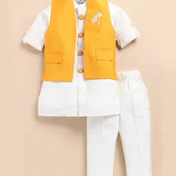 LITTLE COLLARS Cotton Silk Full Sleeves Solid Kurta Pyjama With Floral Designed Nehru Jacket Set - Mustard-picture-40