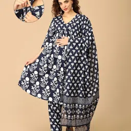 The Mom Store Silk Three Fourth Sleeves Floral Printed Maternity Kurta With Nursing Access & Salwar With Dupatta Set - Navy Blue-image-92