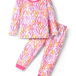 Babyhug Cotton Knit Full sleeves Co-ords Night Suit With Heart Print - Pink-picture-38