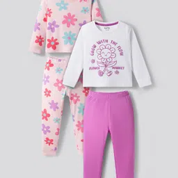 Bonfino 100% Cotton Knit Full Sleeves Night Suit With Floral Print Pack Of 2 - White & Pink-picture-37