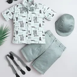 Fourfolds Cotton Blend Woven Half Sleeves Abstract Printed Shirt & Shorts With Cap Suspender & Bow Set - Grey-picture-15