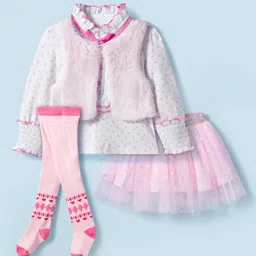 ToffyHouse Knit Full Sleeves Top and Skirt Set With Jacket and Leggings with Heart Print - Pink-picture-19