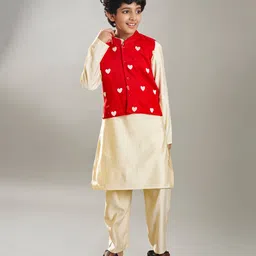 Bittu by bhama Cotton Blend Woven Full Sleeves Solid Kurta Pyjama With Hearts Embroidered Jacket Set - Off White-image-10