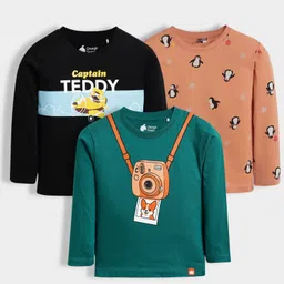 Orange Sugar 100% Cotton Knit Pack Of 3 Full Sleeves Teddy Bear & Penguins Printed Tees - Multi Colour-picture-38