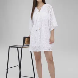 IZEL Women Embroidered Tie-Up Neck Bell Sleeve SchiffliA-Line Dress image 4