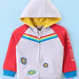 Babyhug Cotton Knit Full Raglan Sleeves Hooded Sweatjacket With Patch Appliques & Kangaroo Pockets - Grey image 3