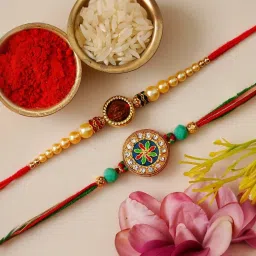 eCraftIndia Set of 2 Floral Rudraksha Religious Rakhis for Brothers image 1