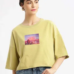 showoffff SHOWOFF Mustard Cotton Printed T-Shirt image 1