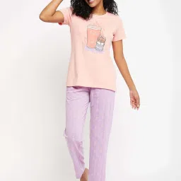 Madame M Secret Peach Cotton Regular Fit Printed Night Suit image 1