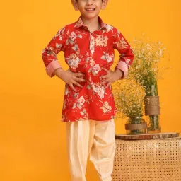 VASTRAMAY Boys Red Floral Full Sleeves Kurta Sets image 1