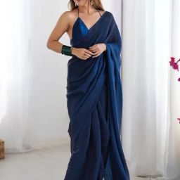Saree Mall Navy Blue Satin Self Saree with Blouse Piece-picture-31