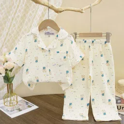 Little Surprise Box Boys Blue & Cream Cotton Printed Half Sleeves Night Suit image 1