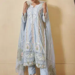 Kaftanize Pastel Blue Pakistani Work Ethnic Cotton Kurta with Pant and Dupatta image 1
