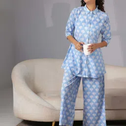 Libas Blue Cotton Printed Shirt & Pyjama Set image 1