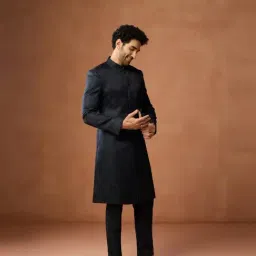 KISAH Blue Jacquard Regular Fit Sherwani With Trousers Set image 3