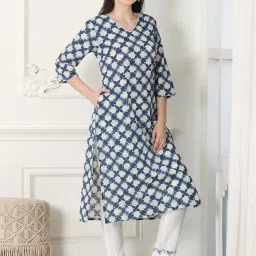 W Blue Cotton Printed Straight Kurta image 1