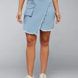DOLCE CRUDO Light Blue Denim Above Knee Skirt-image-28