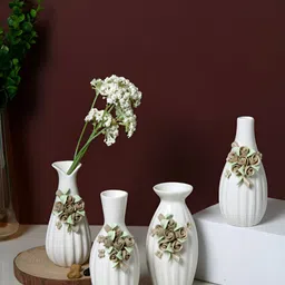 TAYHAA 4 Piece White & Beige Floral Textured Ceramic Flower Vases-picture-4