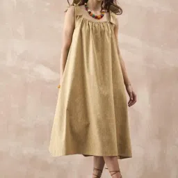 Inweave Khaki Linen Solid A-Line Dress-picture-42